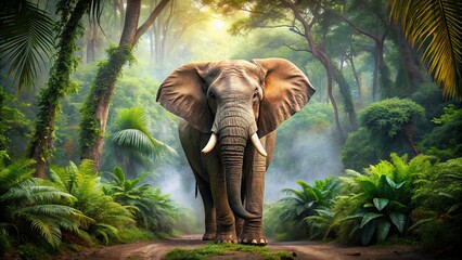 Fototapeta premium Elephant standing majestically in a lush tropical forest savannah, Elephant, wildlife, nature, tropical, forest, savannah, majestic