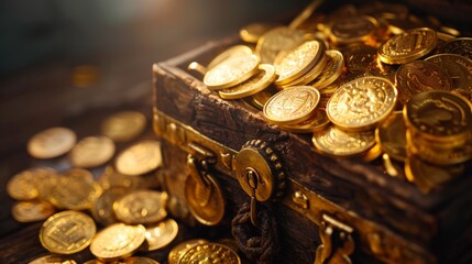 Gold coins spilling out of an antique treasure chest, symbolizing wealth and historical riches