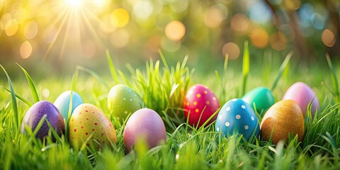 Easter egg hunt in a grassy background with hidden colorful eggs, holiday, spring, celebration, traditional, hunt, hidden