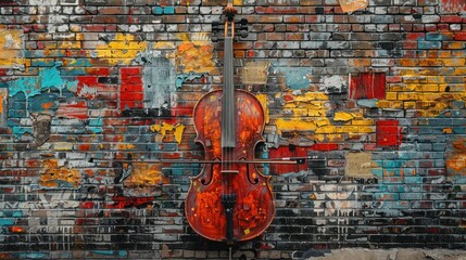 Cello Against Vibrant Brick Wall