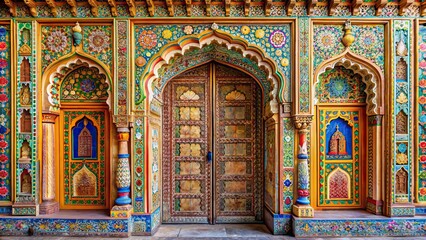 Obraz premium Ornate doorway with intricate carvings and colorful designs in India, ornamental, door, entrance, India