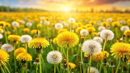 Fototapeta premium Field of dandelions in full bloom , dandelion, field, flower, yellow, spring, meadow, nature, outdoor, plant, blossom, sunny, vibrant