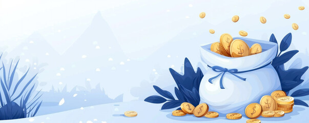 A blue bag filled with gold coins is on a snowy mountain. The bag is overflowing with coins, and the scene is peaceful and serene