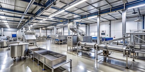 Interior of a modern food processing plant with stainless steel machinery and conveyor belts