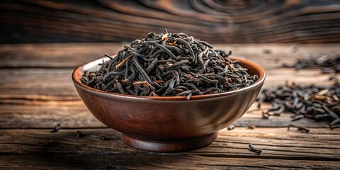 Fototapeta premium Dry black tea leaves in a bowl , black tea, dry, leaves, bowl, herbal, organic, beverage, caffeine, aromatic, natural