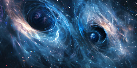 Dual black holes showcasing their intense gravitational interactions and effects on surrounding space-time fabric