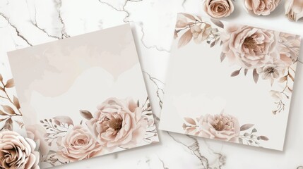 Boho wedding invitation card template with neutral floral design on marble background