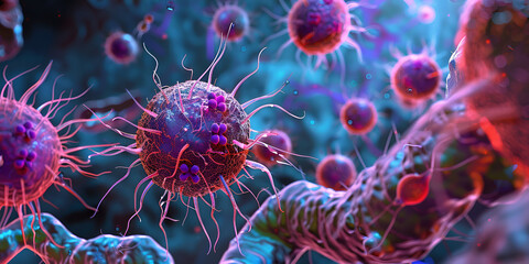 Detailed visualization of viral infection processes highlighting interactions between viruses and host cells at a microscopic level
