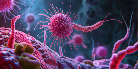 Microscopic view of bacterial infection mechanisms demonstrating cellular interactions and the invasive behavior of pathogens
