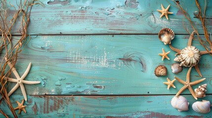 Antique rustic teal blue wooden background with beach decor elements