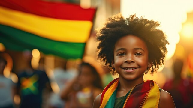Happy African American Children holding red, green and yellow flag symbolizing Juneteenth Freedom and African liberation day. Black life matters. Black history month.