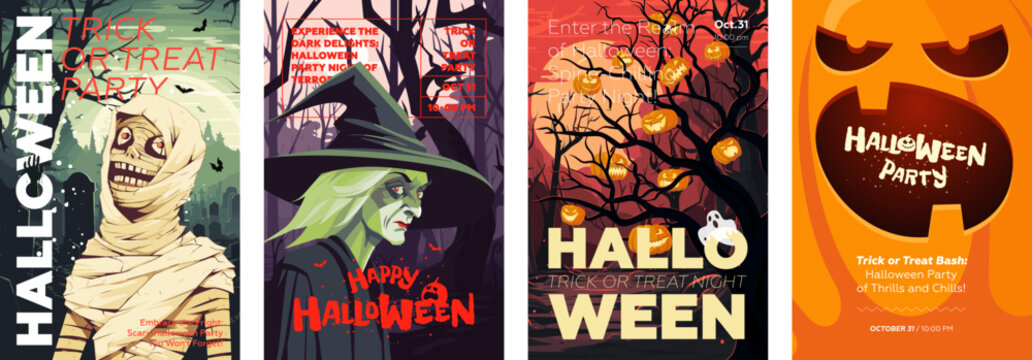 Halloween party poster. Scary sorcerer and zombie in night forest. Art cover spooky dead man and mummy in moonlit cemetery. Lantern Jack pumpkins on dark tree. October 31 horror holiday artwork flyer
