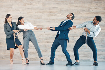 Business, people and pull rope in office for opportunity, recruitment and conflict solution of competition. Frustrated, workers and tug of war with teamwork, power and support of interview challenge