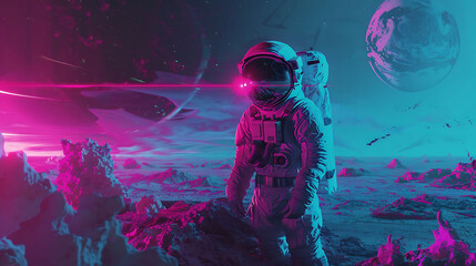 Astronaut in a surreal landscape with vibrant colors and a distant planet
