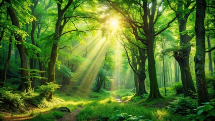 Obraz premium Lush green forest full of sunlight and vibrant colors, summer, forest, trees, nature, sunlight, vibrant, greenery