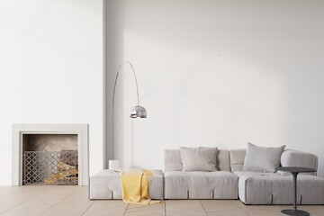 Wall mockup in cozy monochrome interior background with minimalist modern furniture and decor, minimalist style, 3d render