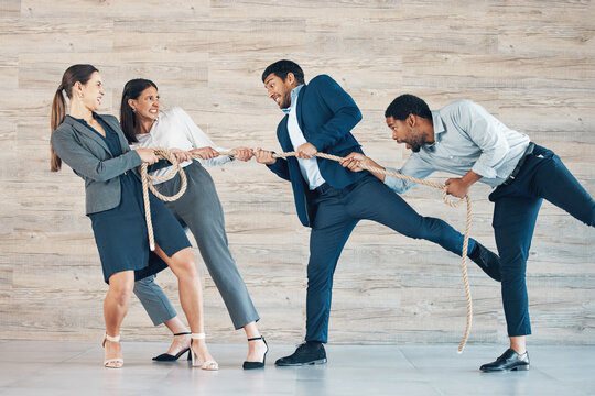 Pull rope, business and people in office for opportunity, recruitment and conflict solution of competition. Frustrated, workers and tug of war with teamwork, power and support of interview challenge