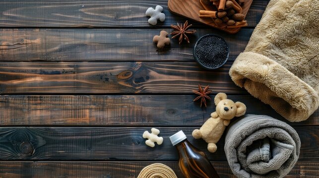 Dog items on wooden background Concept of pet care