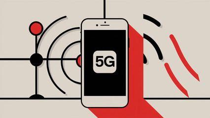 Modern 5G Smartphone Illustration with Stylized Signal Icons and Geometric Background Emphasizing Advanced Wireless Technology and Connectivity