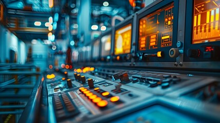 Control Room of a Modern Coal-Fired Power Plant with Blurred Equipment and Monitors