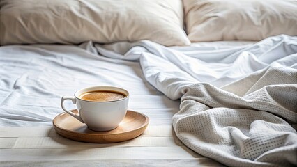 Morning coffee on the bed , cozy, relaxation, breakfast, aroma, cup, coffee, blanket, cozy, bedroom, lazy, comfort, serene, peaceful