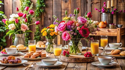 Festive table decor with flowers and rustic brunch setting, festive, decor, table, flowers, brunch, rustic, style