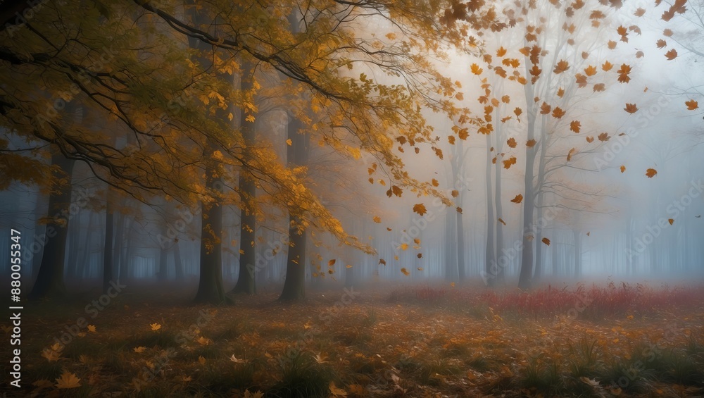 Wall mural Golden leaves fall through the air in a misty forest