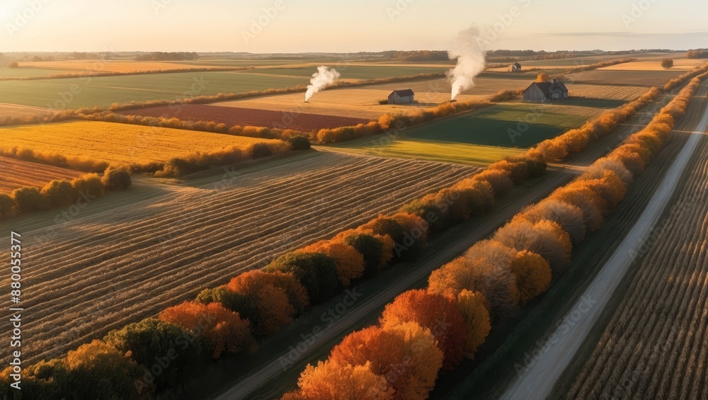 Canvas Prints Farmland with fall colors and houses at sunset