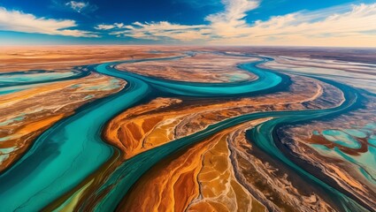 A turquoise river flows through a desert landscape, creating a colorful contrast