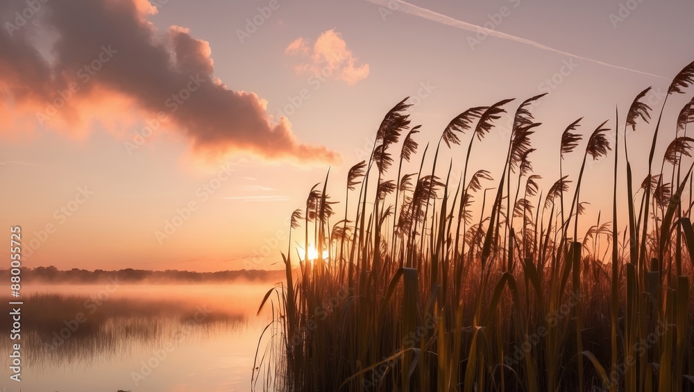 Poster Silhouetted reeds sway in the wind as the sun rises over a misty lake