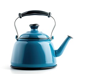 A blue tea kettle sits on a white background. The blue color