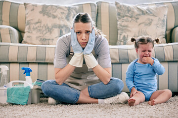 Fototapeta premium Woman, chores and crying baby in home, portrait and stress for multitasking, gloves or spring cleaning. Overwhelmed, mother and daughter with screaming, frustrated or basket on carpet in family house