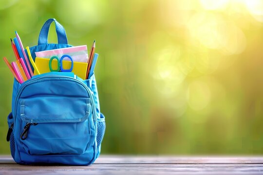 A blue school backpack with a green background - Powered by Adobe