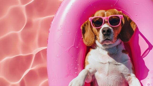 Stylish beagle dog in sunglasses and float on pink background evoking a beach vacation vibe Ample space for text
