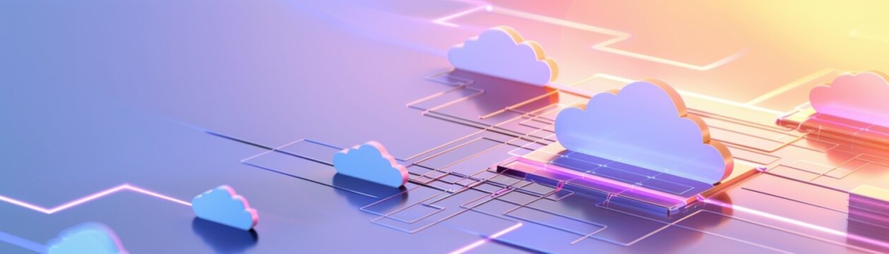 Abstract illustration of digital clouds representing cloud computing and data storage technology in a vibrant, futuristic setting.