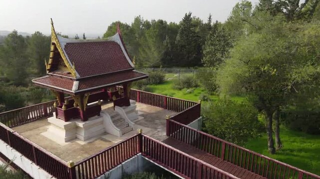 Aerial Panning Shot Of Famous Buddhist Temple , Ben Shemen Forest, Israel