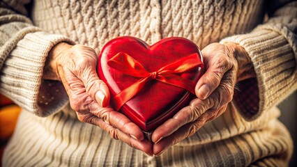 Warmly lit, wrinkled elderly hands cradle a delicate heart-shaped Valentine's Day gift, conveying tender love and affection in a sentimental, romantic gesture.