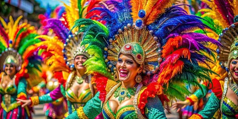 Fototapeta premium Vibrant colors of Carnival decorations, feathers, and sequins scattered on the streets of Brazil, capturing the essence of joy and freedom of celebrations.