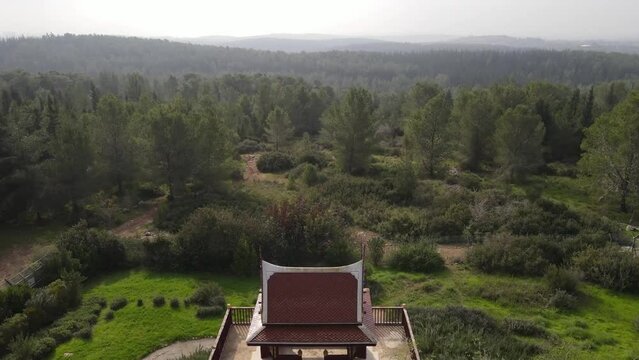 Aerial Panning Shot Of Famous Buddhist Temple , Ben Shemen Forest, Israel