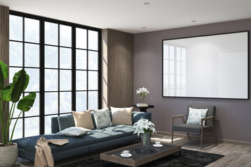 3d rendering of minimal interior design living room with frame mockup. Light oak wood parquet floor, gray wall and white ceiling. Set 3