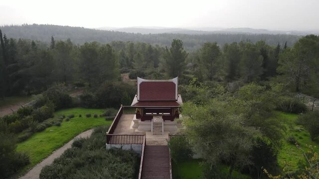 Aerial Panning Shot Of Famous Buddhist Temple , Ben Shemen Forest, Israel