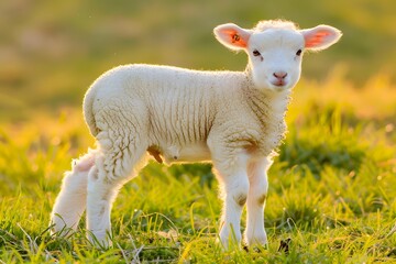 Adorable baby lamb standing alone in a sunny meadow, bathed in golden afternoon light.