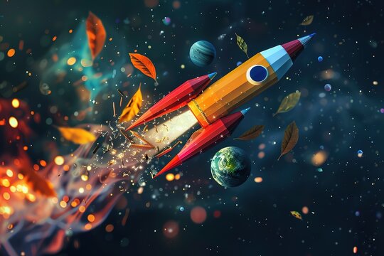 A rocket made of colorful pencils, books and space elements is flying in the air on a dark background