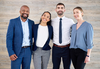 Business people, diversity and workplace with portrait of employees with manager, smile for company...
