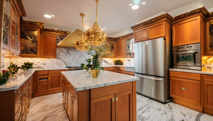 Fototapeta premium A stylish kitchen in Chicago with gold hardware, stainless steel appliances, Generative AI