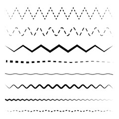 Zigzag lines set. Dashed and solid patterns. Various black strokes. Seamless horizontal.