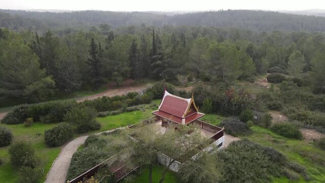 Aerial Panning Shot Of Famous Buddhist Temple , Ben Shemen Forest, Israel