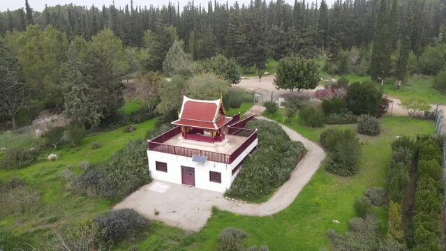 Aerial Panning Shot Of Famous Buddhist Temple , Ben Shemen Forest, Israel