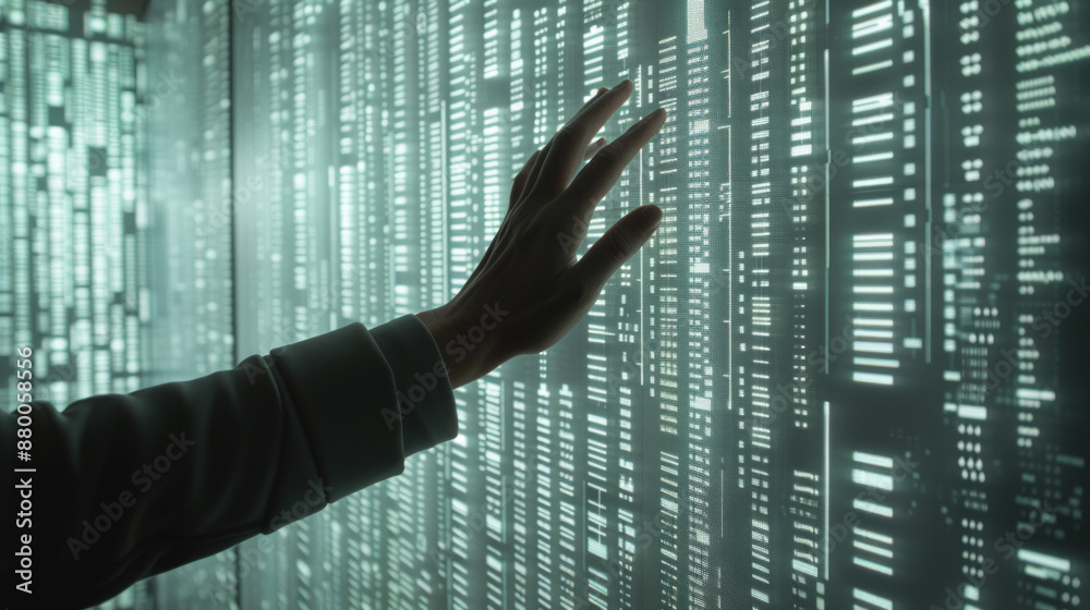 Poster a hand is reaching out to touch a computer screen with a lot of numbers on it. concept of curiosity 