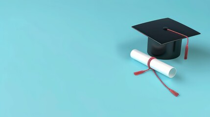Graduation Cap and Diploma on a Blue Background